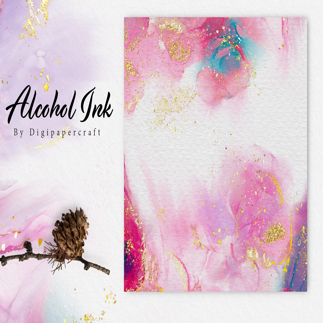 Pink and Gold Alcohol Ink Paper, Alcohol Ink Digital Borders preview image.