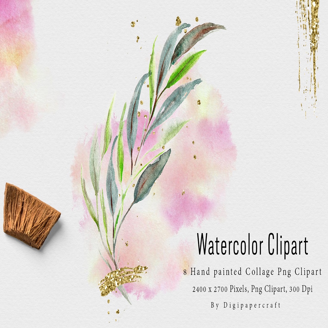 Watercolor Foliage Clipart, Scrapbooking Collage PNG Clipart preview image.