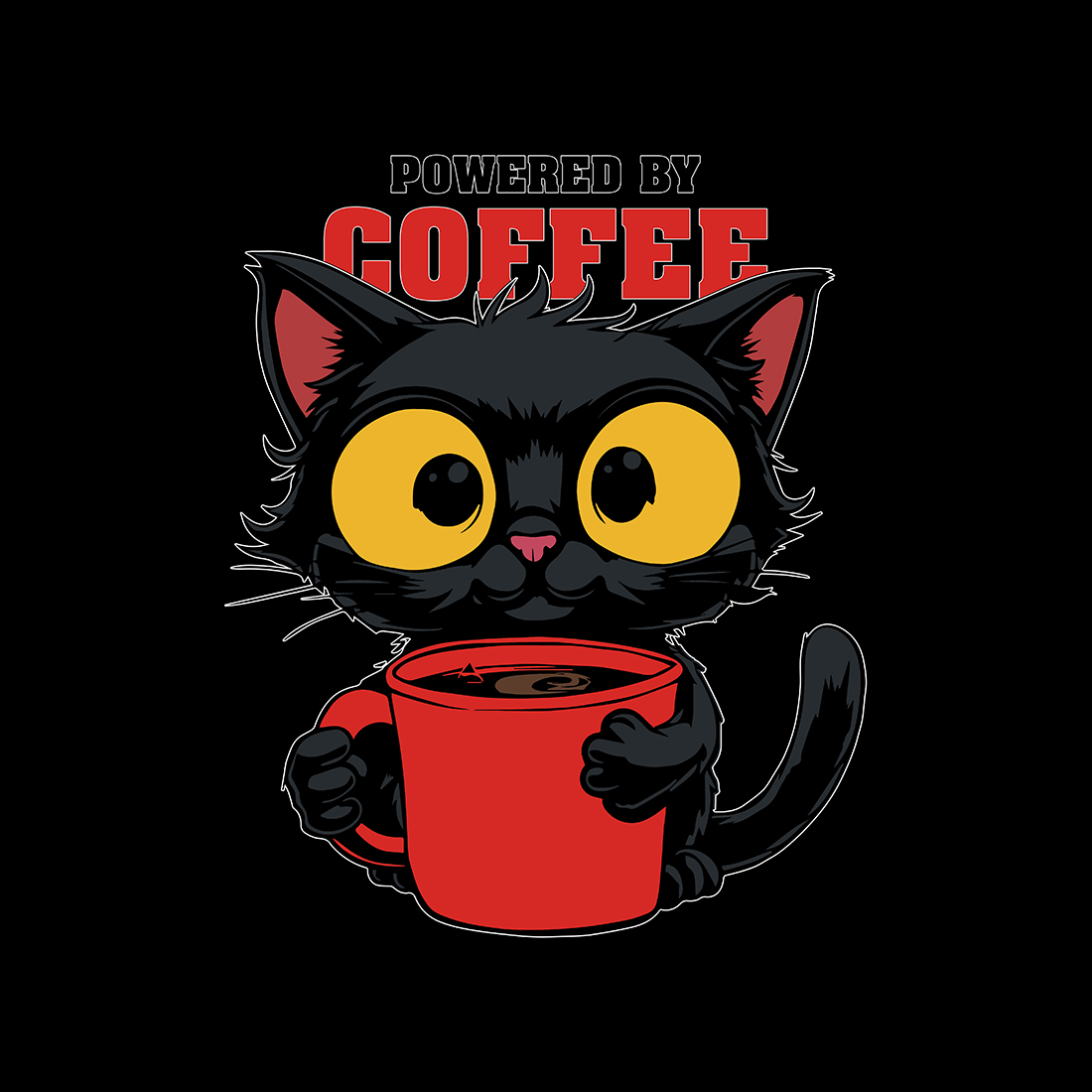 Powered by Coffee Black Cat Cartoon Illustration with Red Mug Graphic Design cover image.