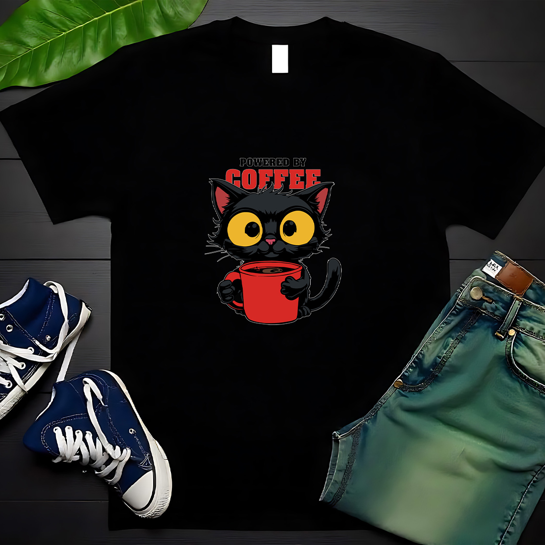 Powered by Coffee Black Cat Cartoon Illustration with Red Mug Graphic Design preview image.