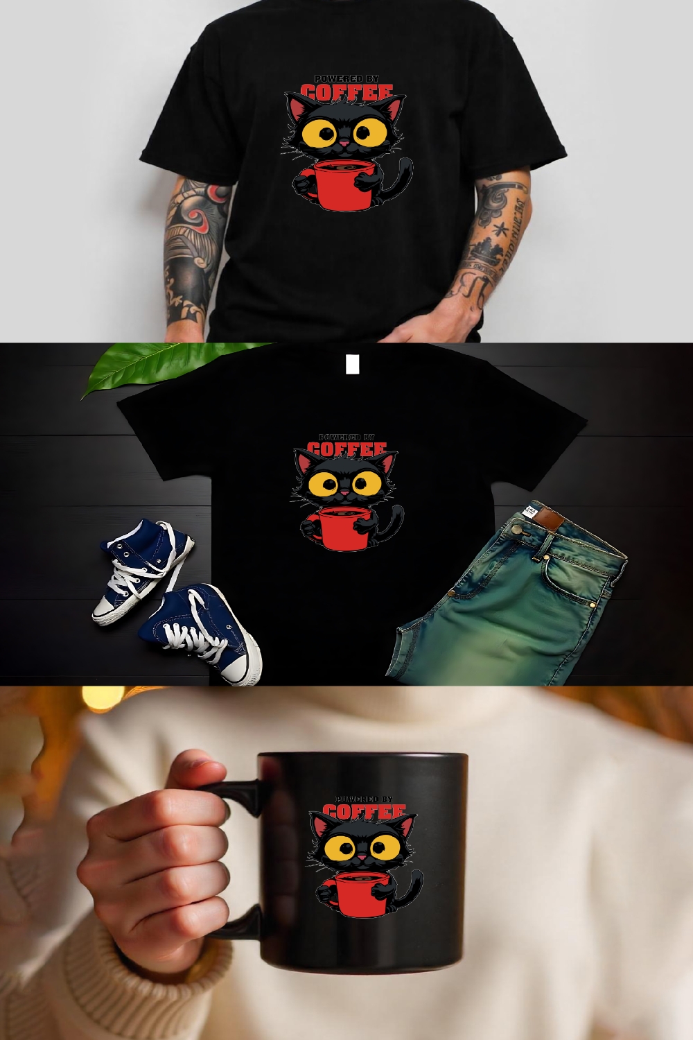 Powered by Coffee Black Cat Cartoon Illustration with Red Mug Graphic Design pinterest preview image.