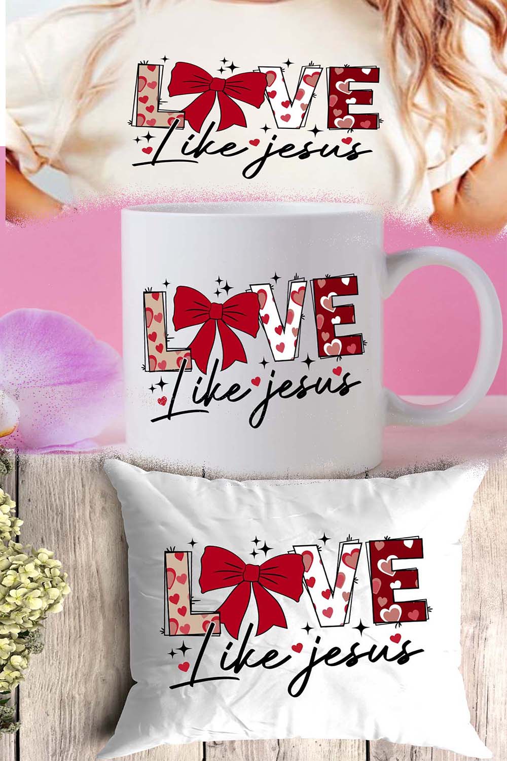 Love like Jesus Valentine Coquette Bow PNG T-shirt Design pinterest preview image.