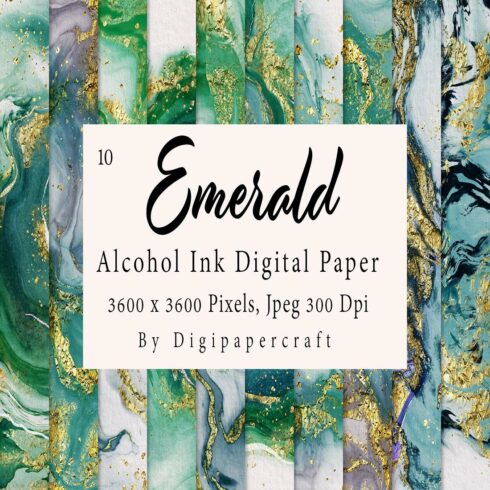 Alcohol Ink Digital Paper, Emerald Alcohol ink, Marbling Ink cover image.