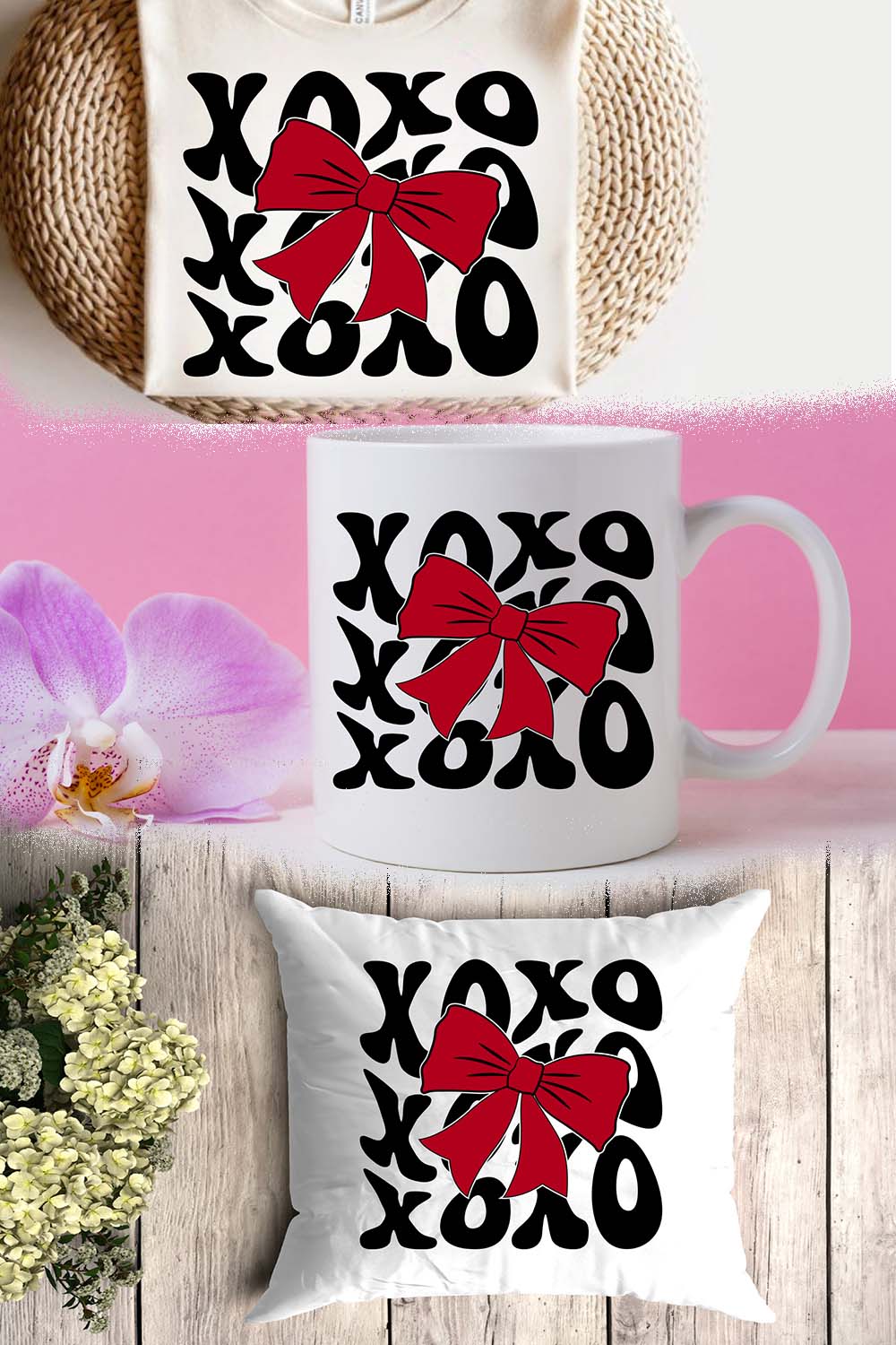 XOXO Valentine Coquette Red Bow PNG T-Shirt Design pinterest preview image.