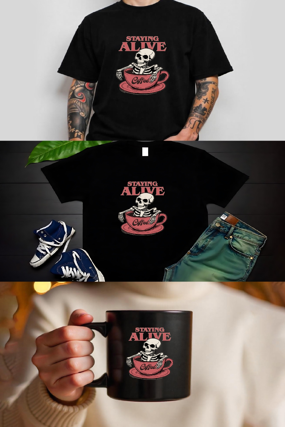 Staying Alive Coffee Skeleton Funny Graphic Design pinterest preview image.