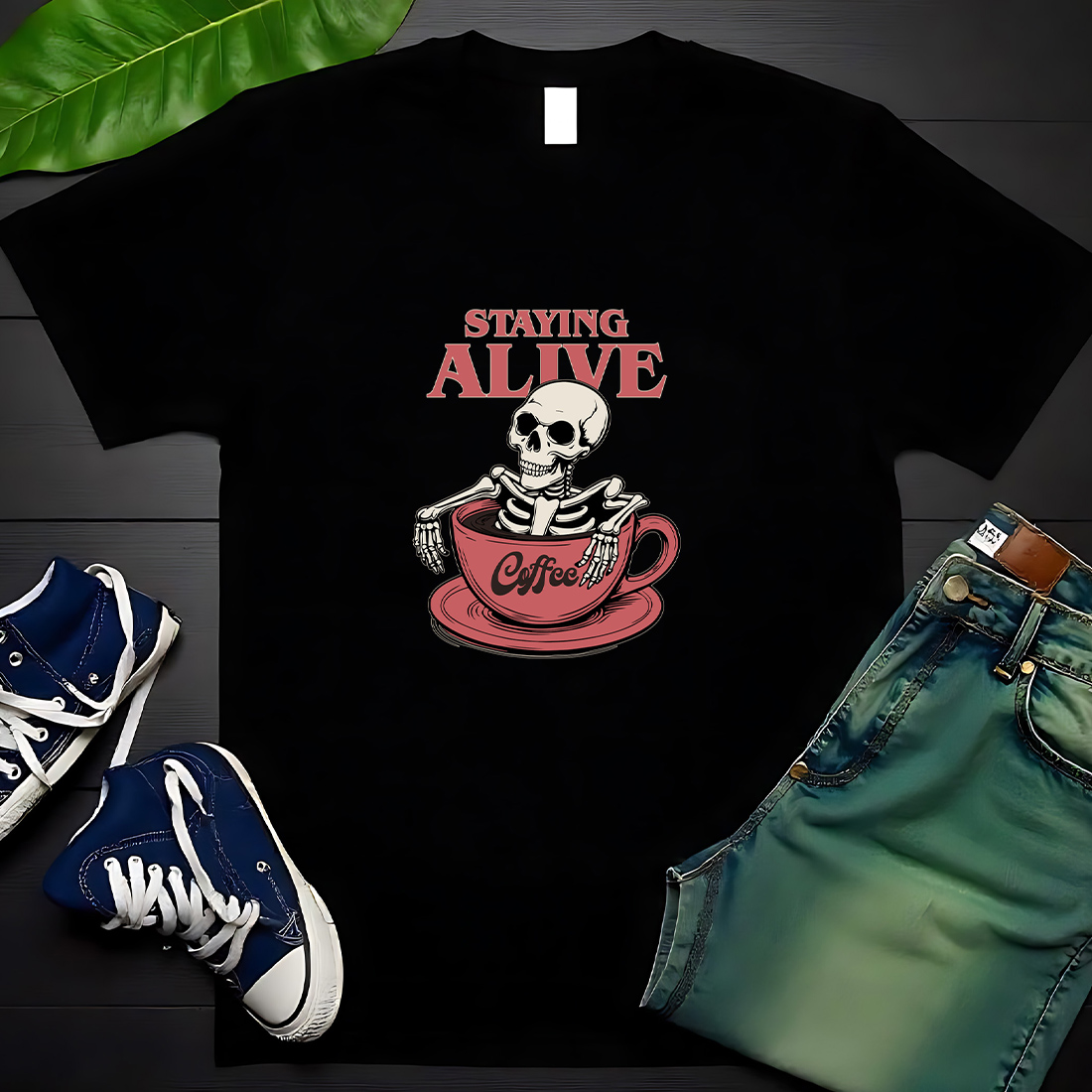 Staying Alive Coffee Skeleton Funny Graphic Design preview image.