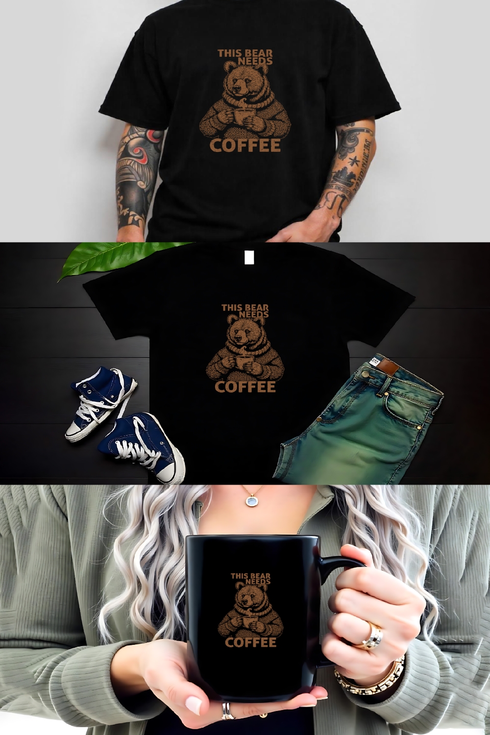 This Bear Needs Coffee Funny Graphic Design pinterest preview image.