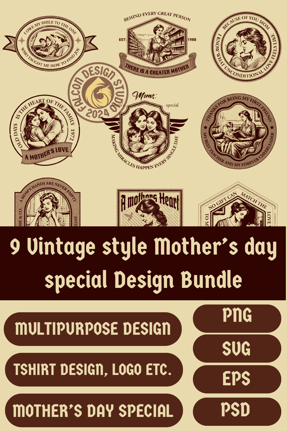 9 Vintage style Mother's day special design bundle pinterest preview image.