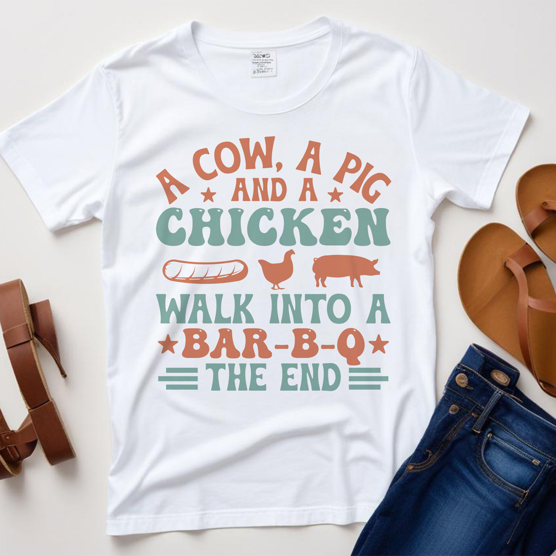 a cow a pig and a chicken walk into a bar b q the end graphic design white plane tshirt mockup 353