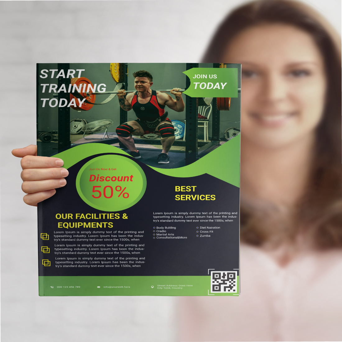 This is a gym flayer design This template download contains one color gym flayer, cover image.