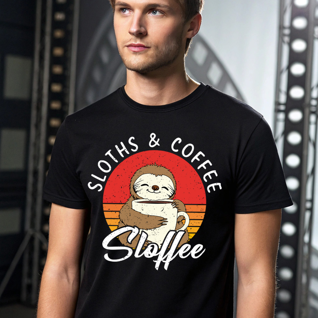 adorable sloth enjoying coffee cute vintage design for sloth lovers black male t shirt mock up 428