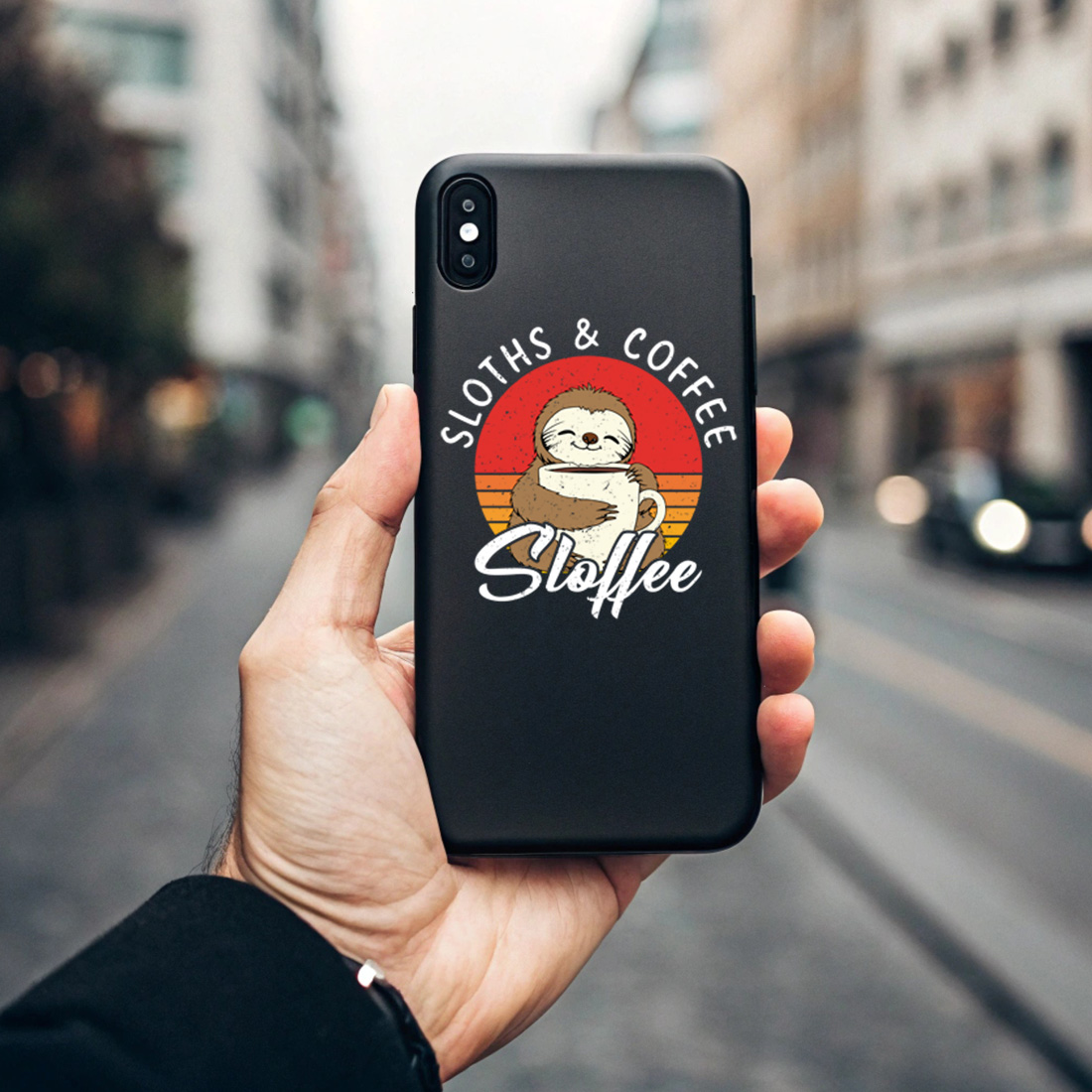 adorable sloth enjoying coffee cute vintage design for sloth lovers black phone case mock up 81