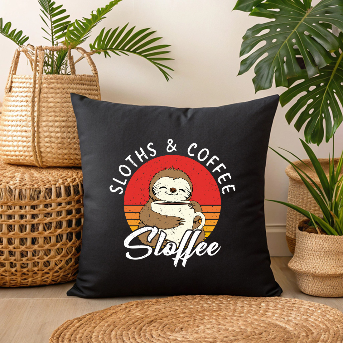 adorable sloth enjoying coffee cute vintage design for sloth lovers black pillow mock up 598