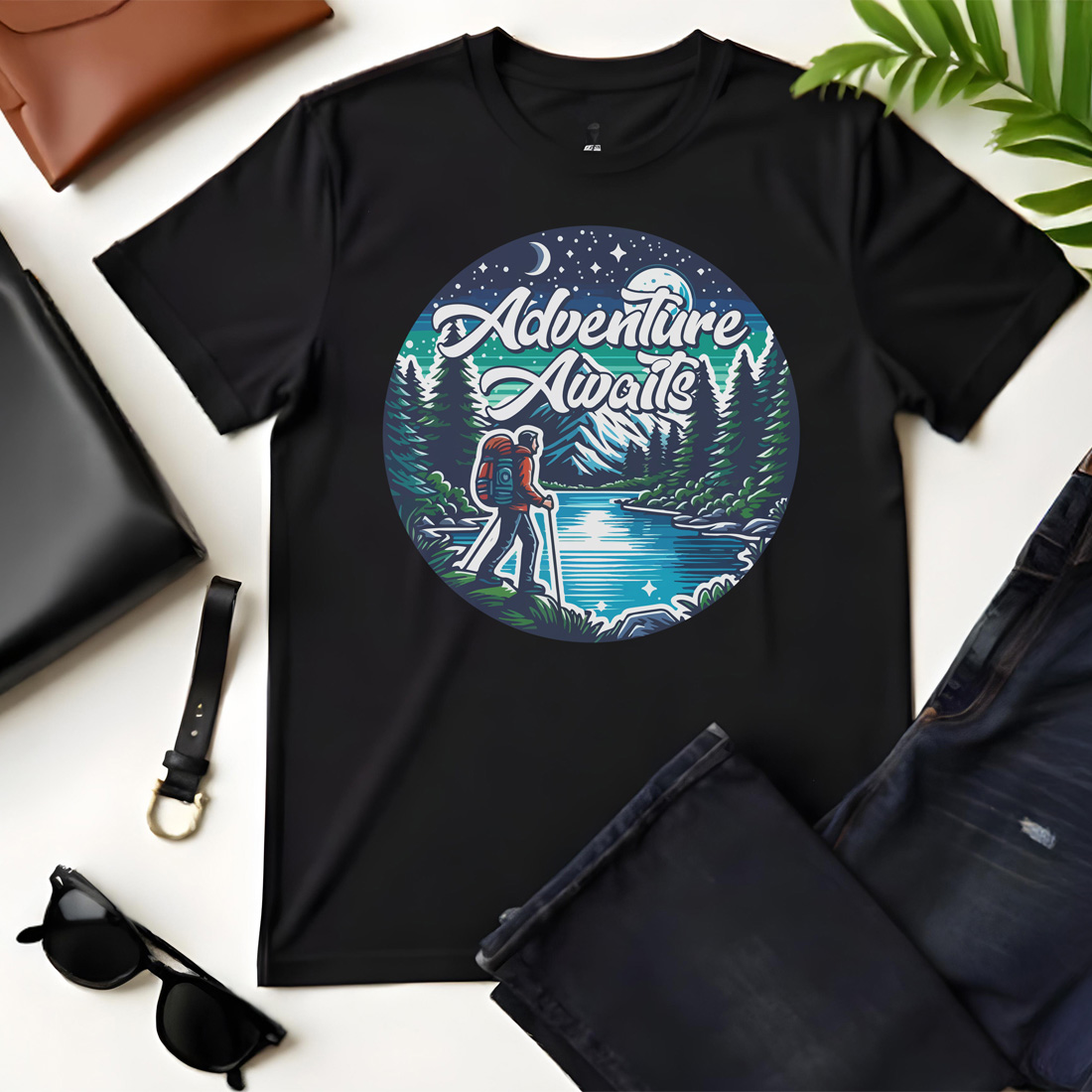 adventure awaits hiking graphic design black flat tshirt mockup 725