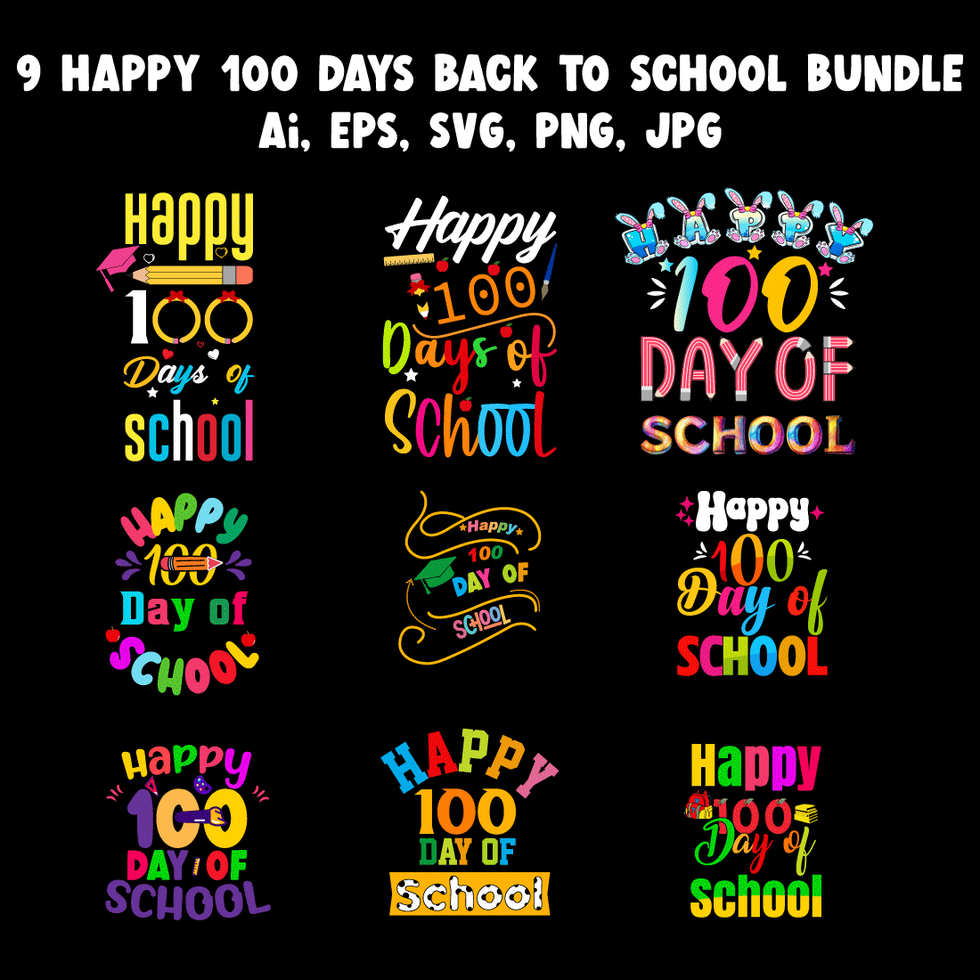 Happy 100 day back to school T-Shirt Design bundle preview image.