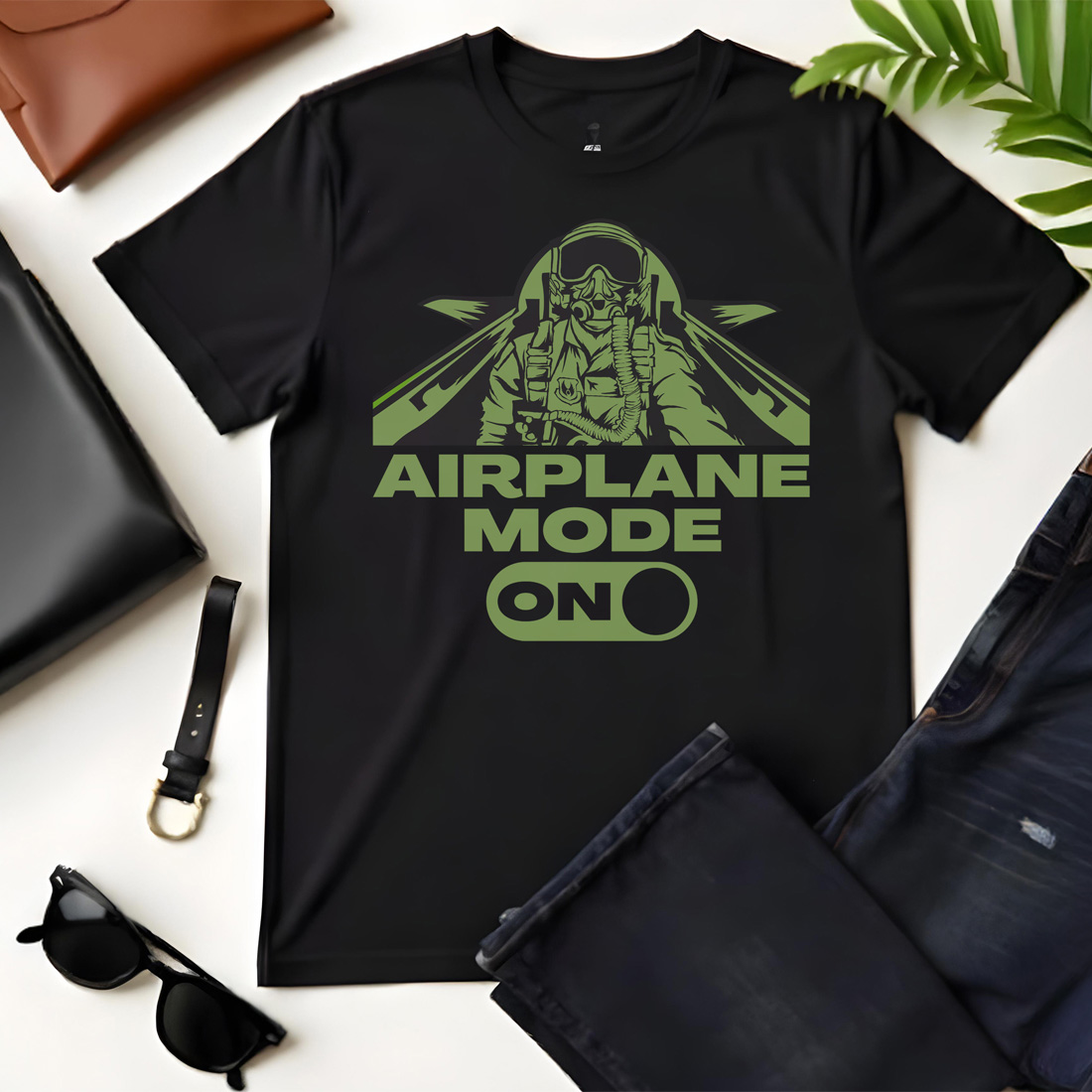 airplane mode on tshirt design vector illustration black flat tshirt mockup 392