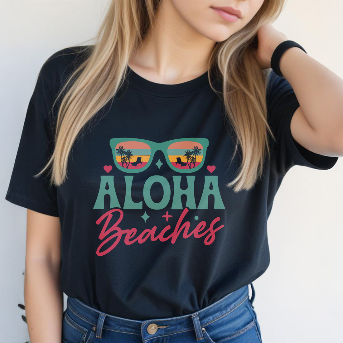 aloha beaches graphic design black female tshirt front mockup 24