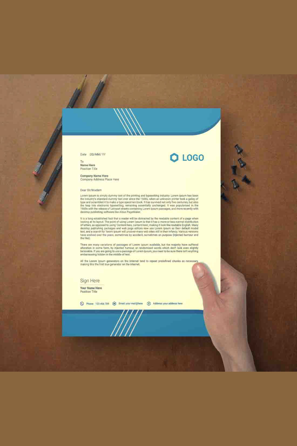 This is a letterhead design This template download contains one color letterhead design, pinterest preview image.