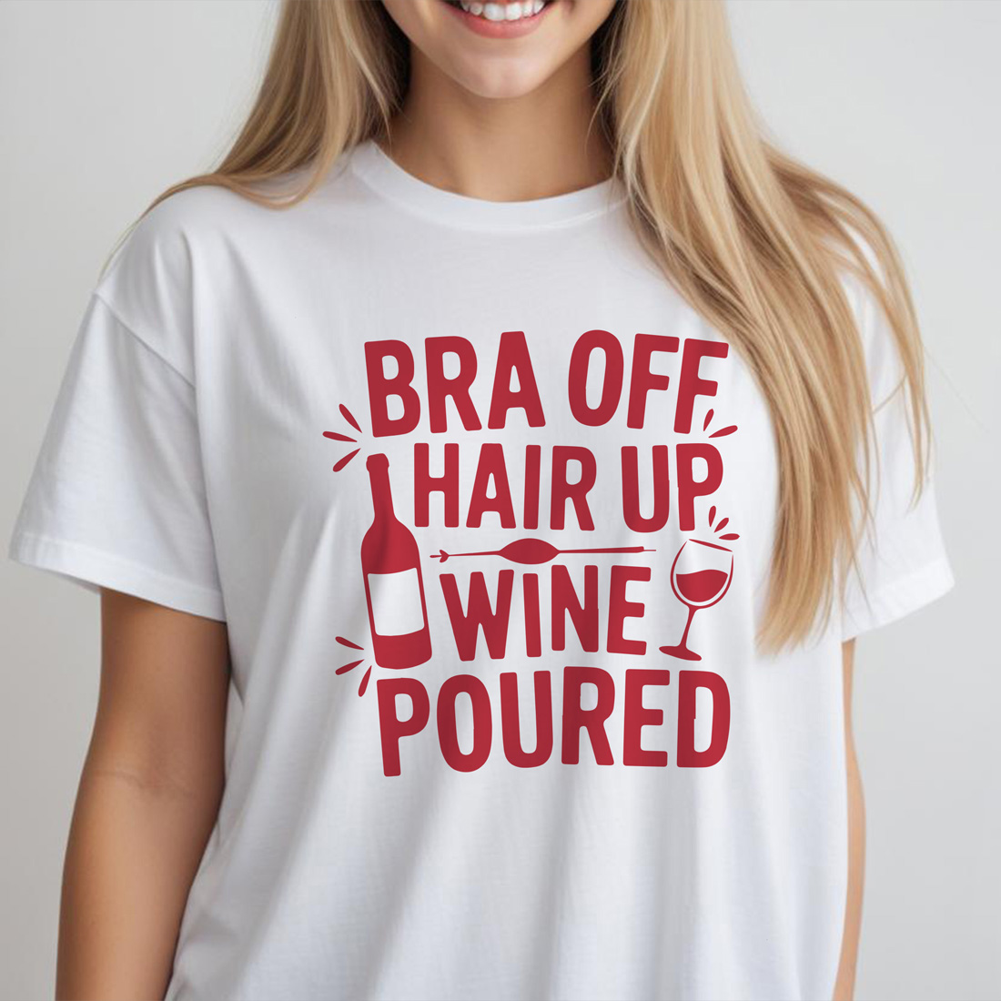 bar off hair up wine poured white female tshirt front mockup 562