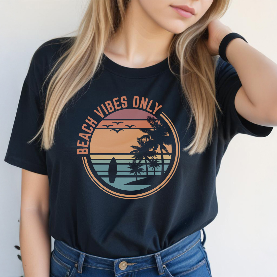 beach vibes only graphic design black female tshirt front mockup 504