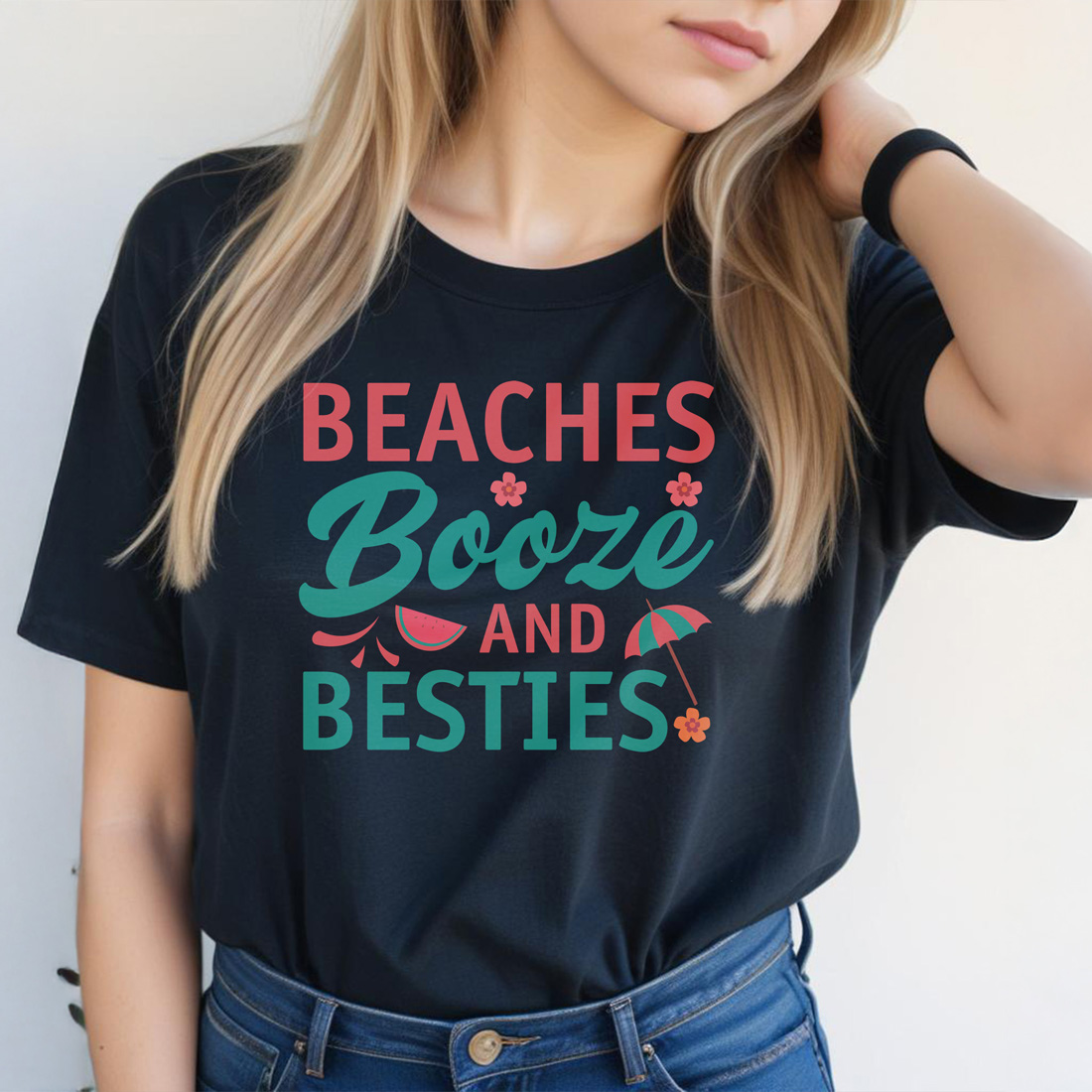 beaches booze and besties graphic design black female tshirt front mockup 435