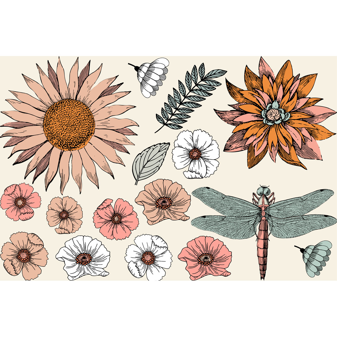 Flowers & Dragonflies - Design Elements preview image.