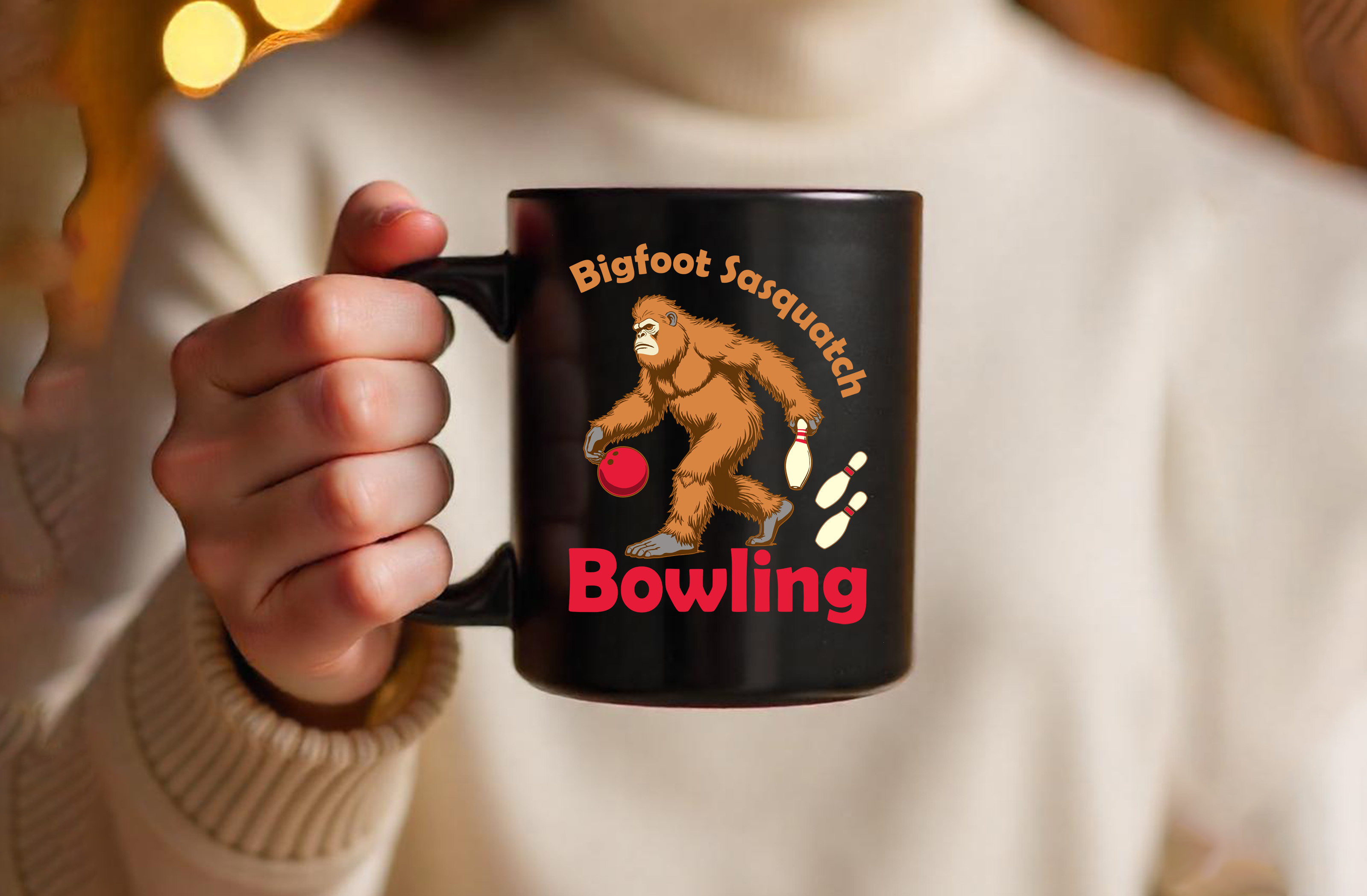 bigfoot sasquatch bowling graphic design black mug 149