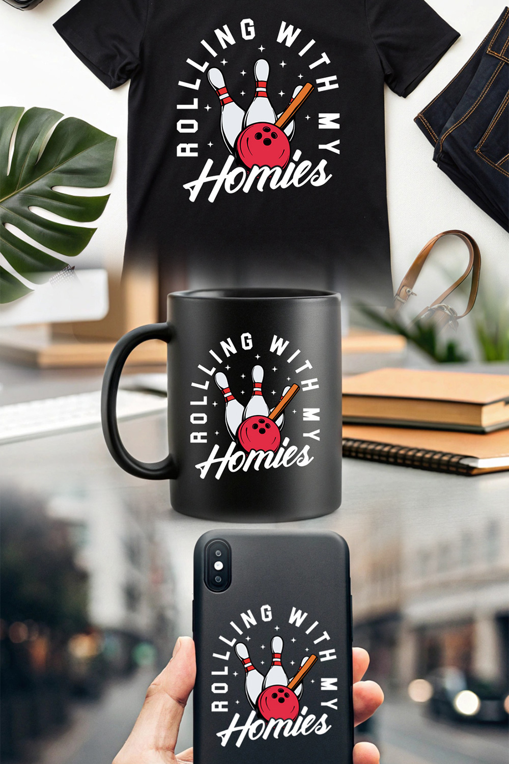 Stylish Vintage Bowling Apparel Design 'Rolling with My Homies' Art pinterest preview image.