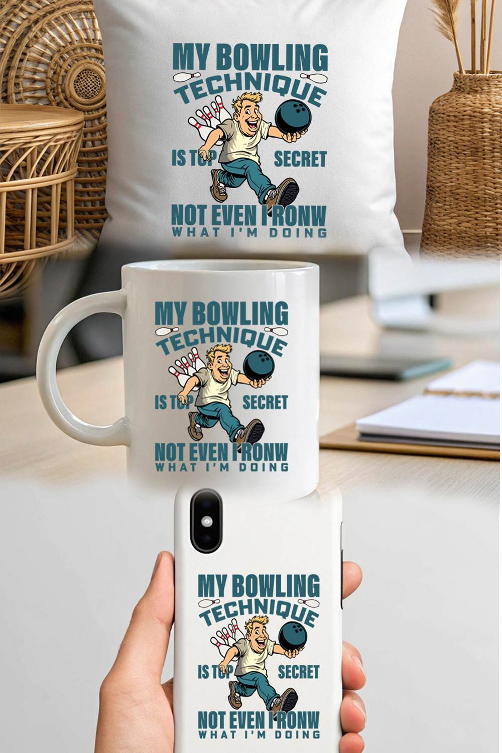 funny bowling cartoon design 'my bowling technique is top secret' tllustration pinterest preview image.