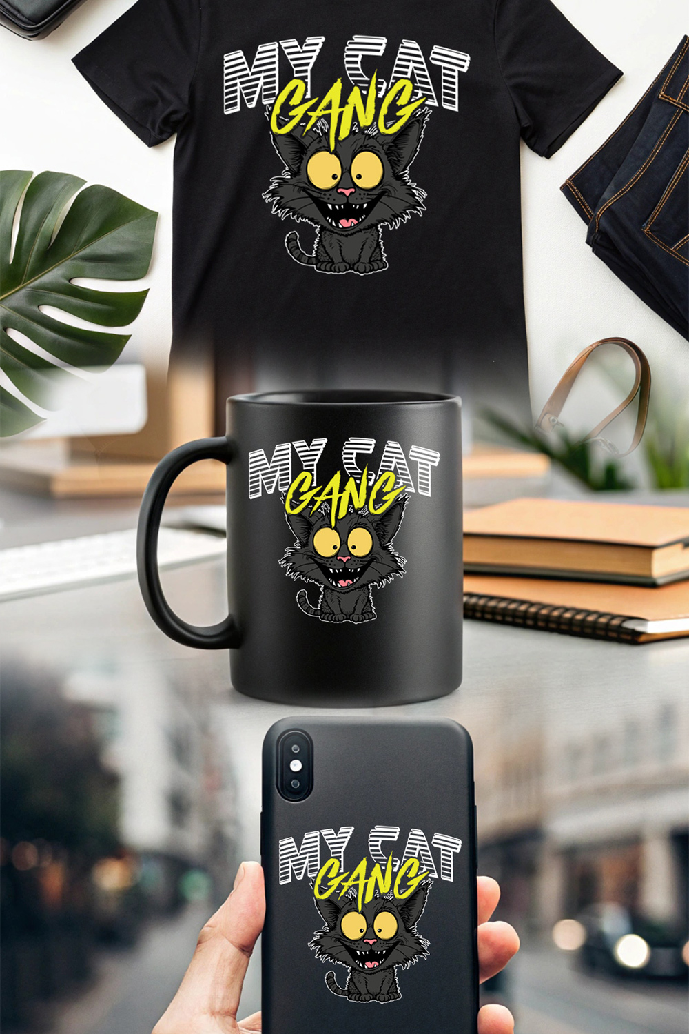 quirky cat gang graphic design for feline lovers' merchandise pinterest preview image.