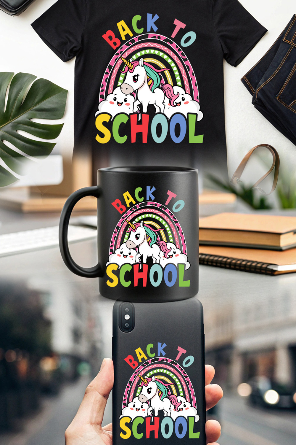 Cute unicorn back to school design with colorful rainbow and happy clouds pinterest preview image.