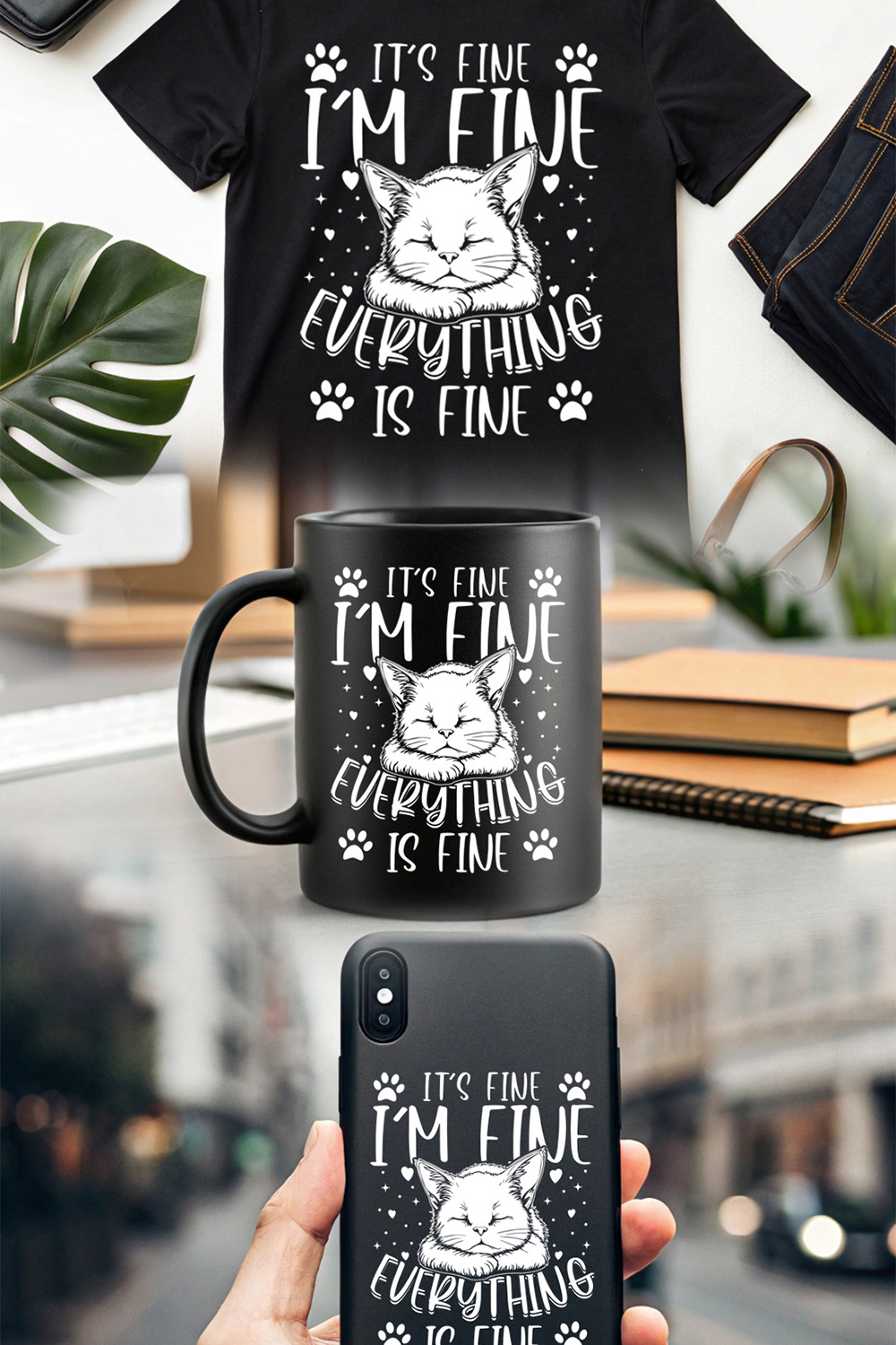 Emotional Cat Quote Design - 'Everything is Fine' Shirt for Cat Lovers pinterest preview image.