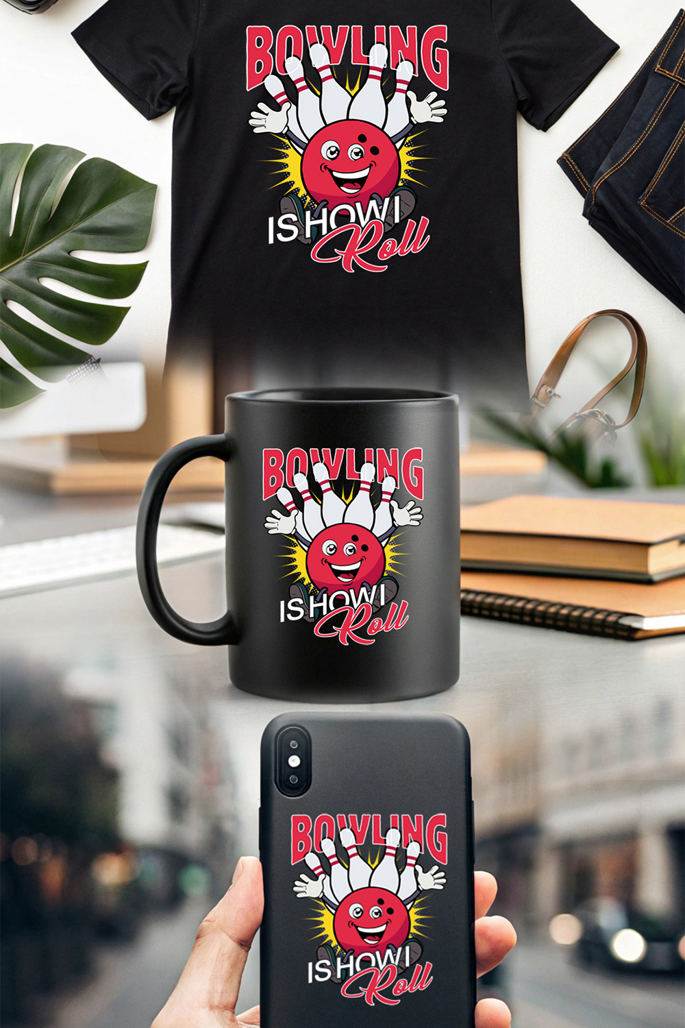 cute bowling artwork with text 'bowling is how I roll' – great for sports fans and merchandise pinterest preview image.