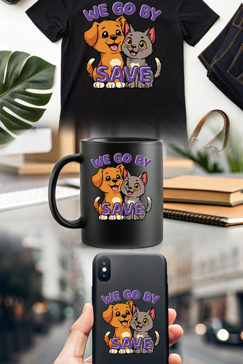 Cute Dog and Cat Cartoon Design with 'We Go by Save' Slogan for T-Shirts and Accessories pinterest preview image.