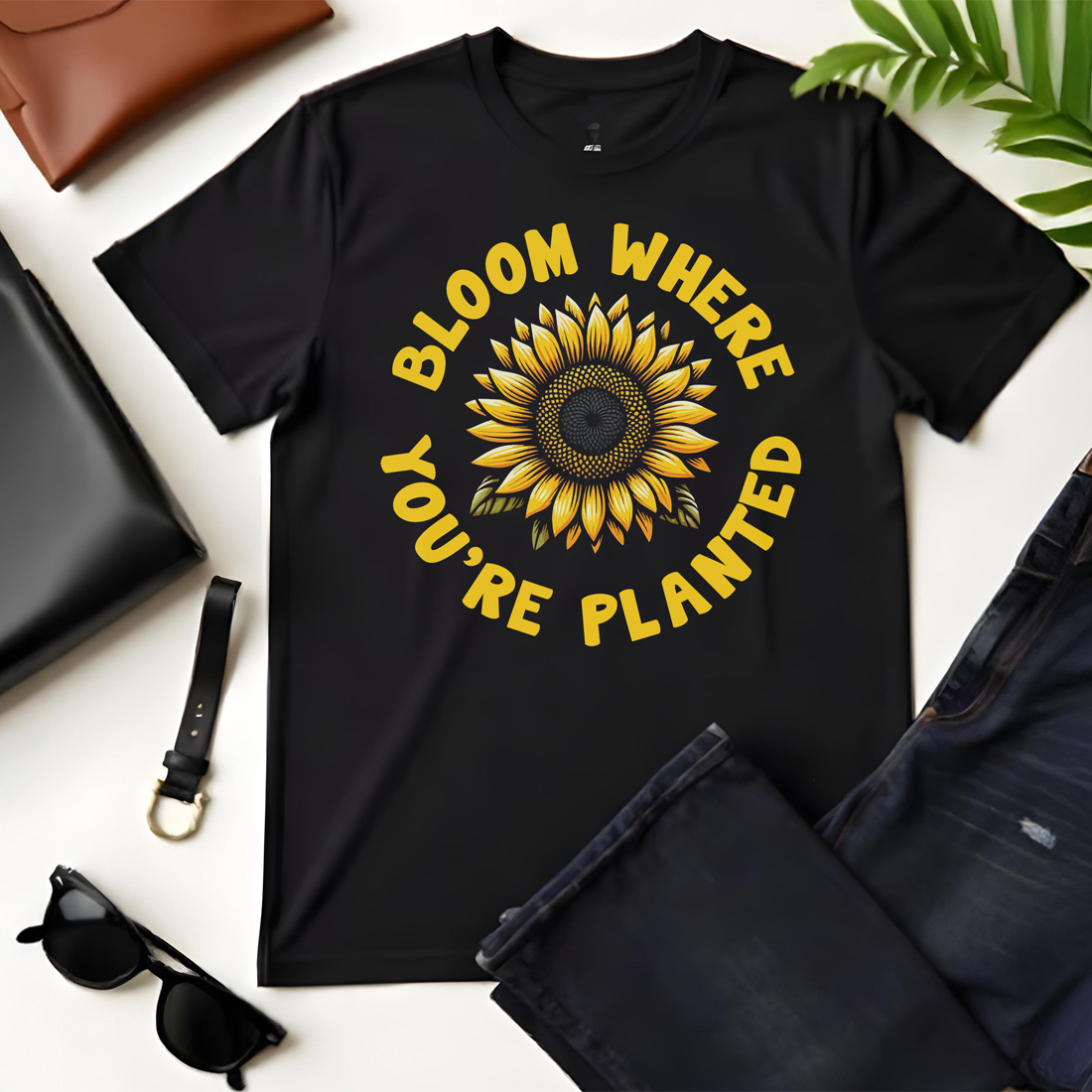 bloom where youre planted sunflower graphic design black flat tshirt mockup 428