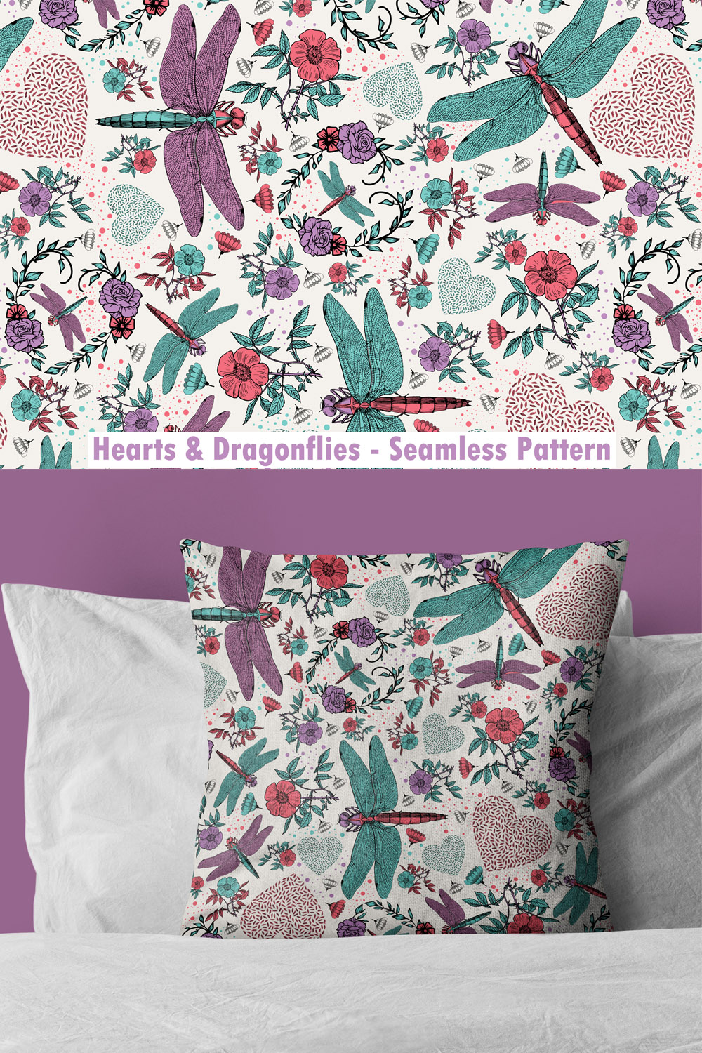 Hearts & Dragonflies - Seamless Pattern pinterest preview image.