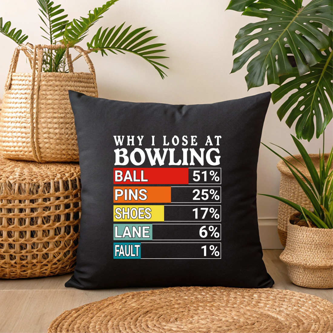 bowling humor graphic top excuses for losing the game 3 black pillow mock up 465