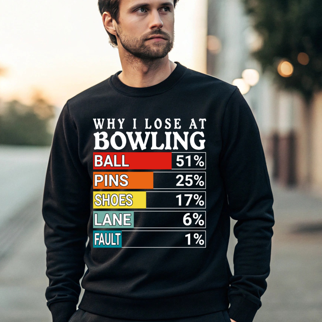 bowling humor graphic top excuses for losing the game 4 black male sweatshirt mock up 206