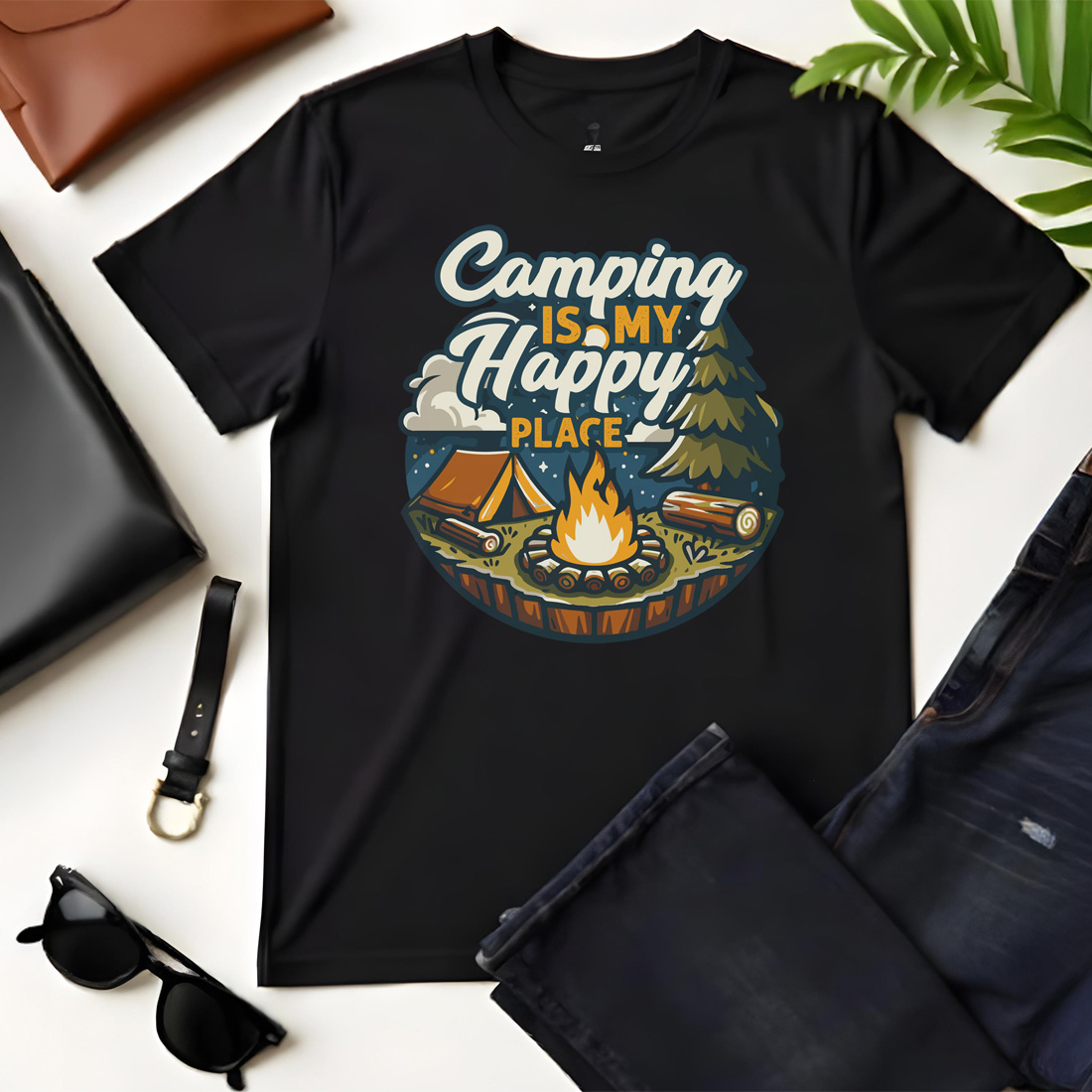 camping is my happy place black flat tshirt mockup 512