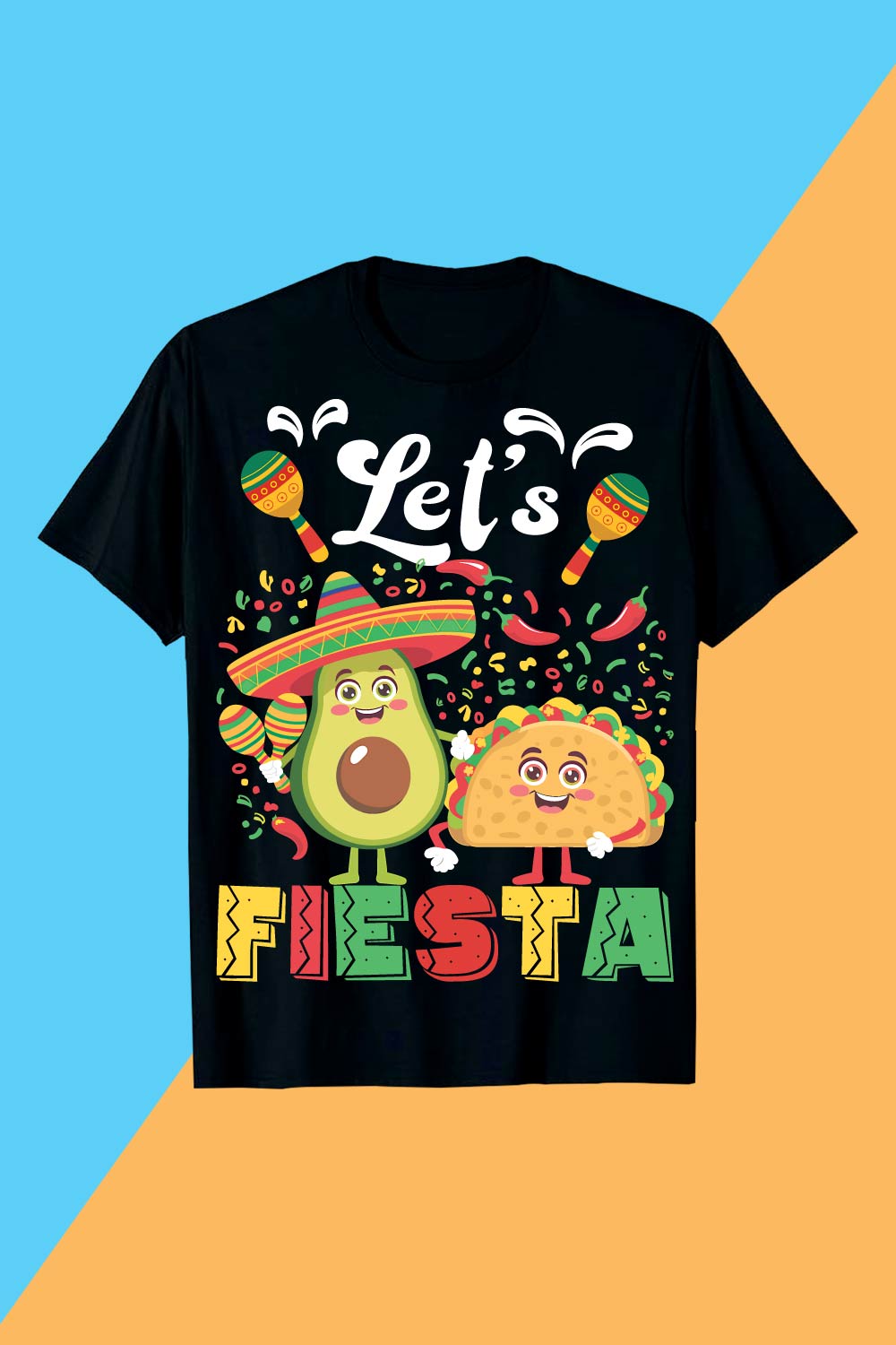 Let's Fiesta Fun Taco Avocado t shirt Design pinterest preview image.