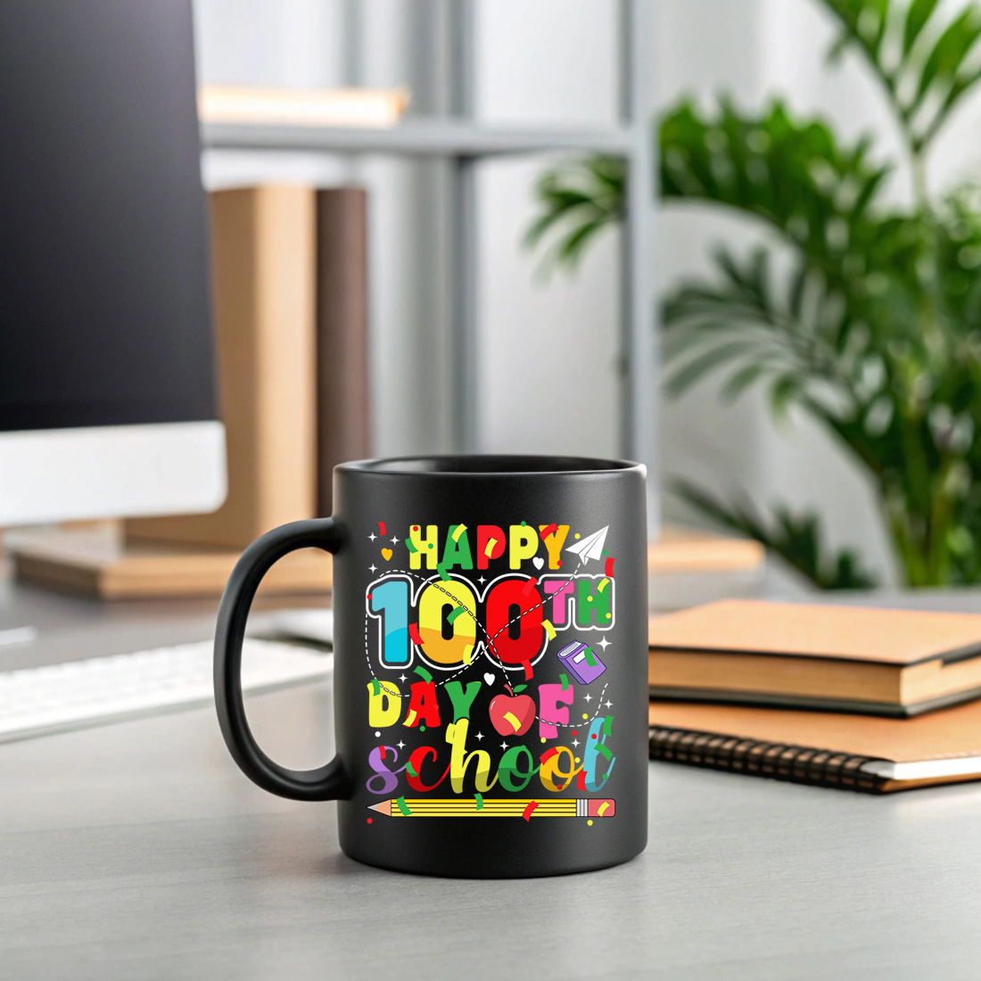 colorful happy 100th day of school celebration design for teachers and students 2 black mug mock up 895