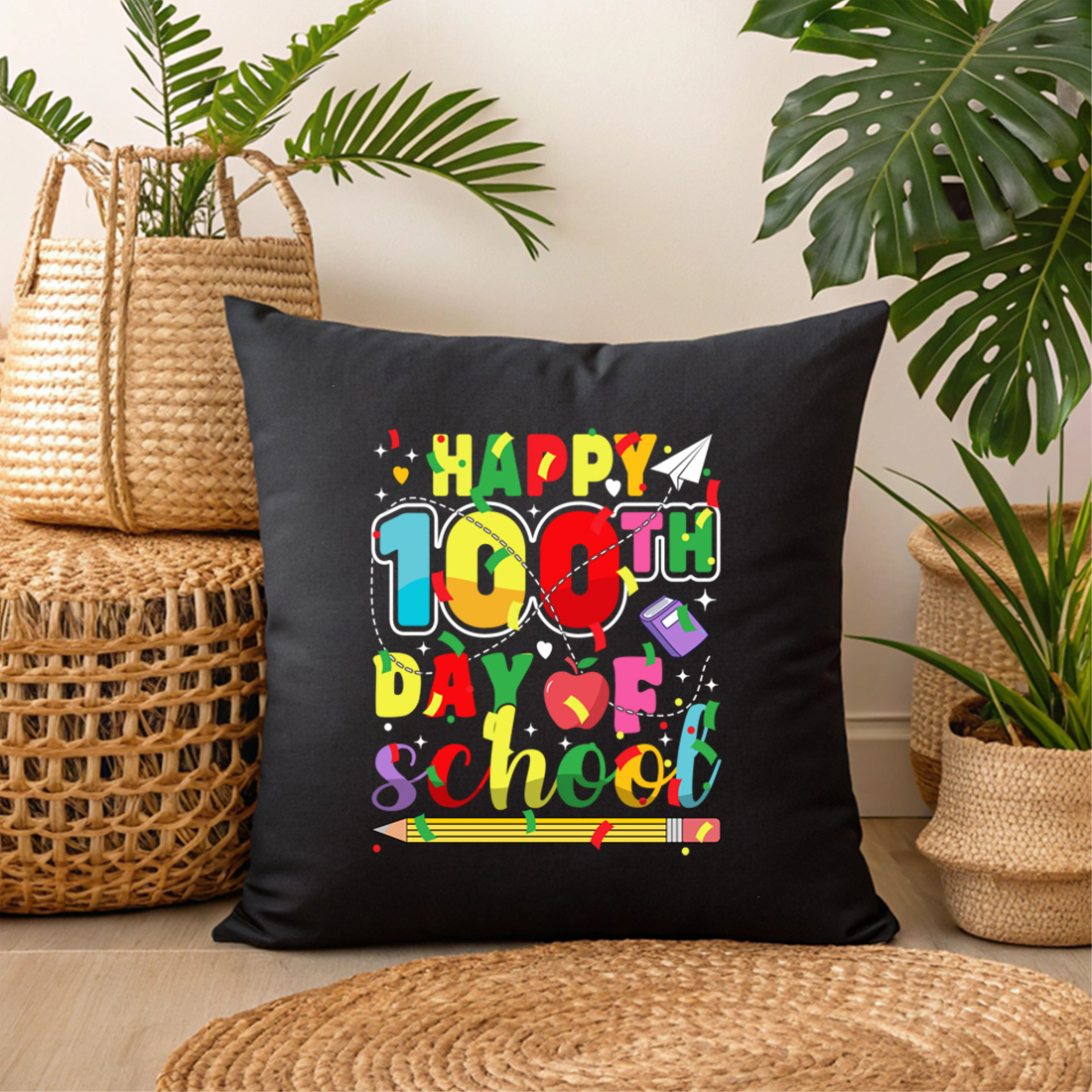 colorful happy 100th day of school celebration design for teachers and students 3 black pillow mock up 605