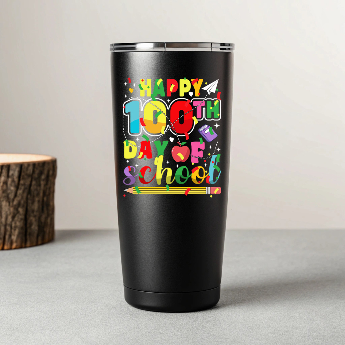 colorful happy 100th day of school celebration design for teachers and students 7 black tumblers mockup 444