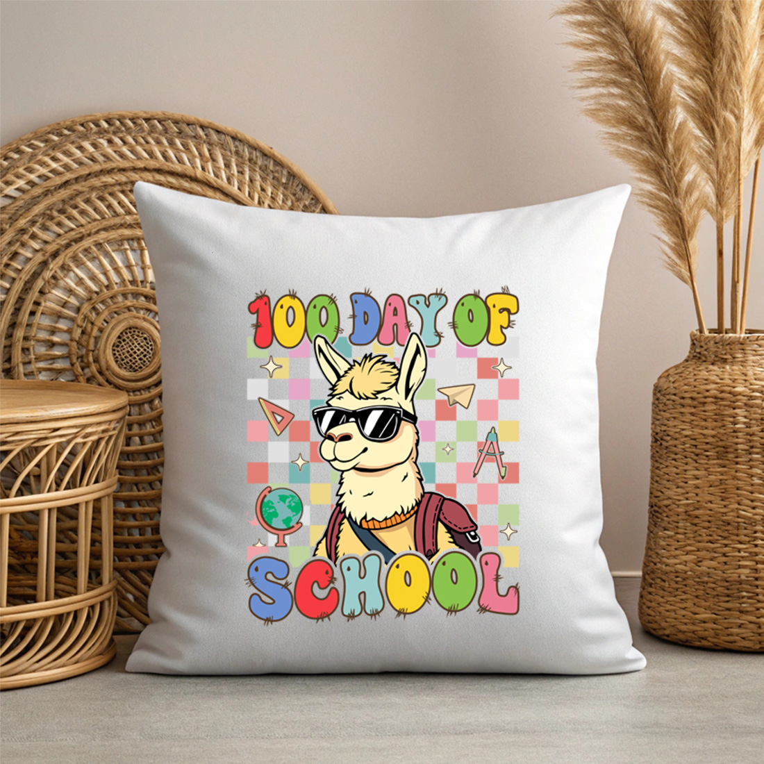 colorful school theme llama illustration for t shirts and merchandise 3 with pillow mock up 376