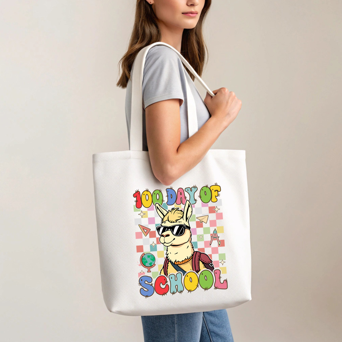 colorful school theme llama illustration for t shirts and merchandise 5 with tote bag mock up 759