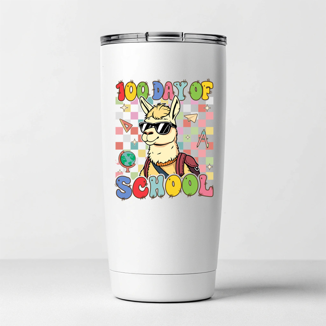 colorful school theme llama illustration for t shirts and merchandise 7 white tumblers mockup 697