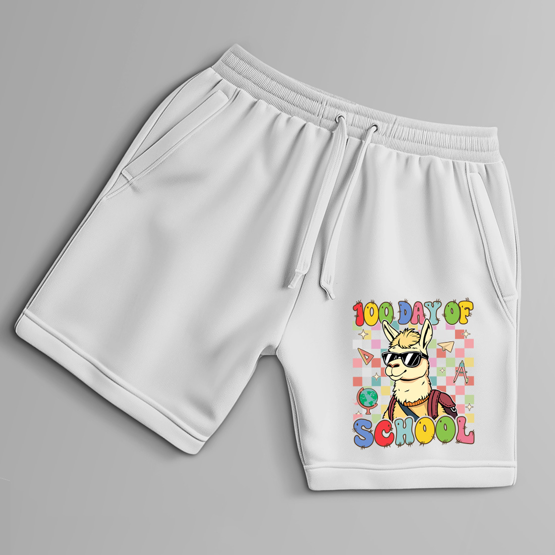 colorful school theme llama illustration for t shirts and merchandise 8 with shorts mock up 847