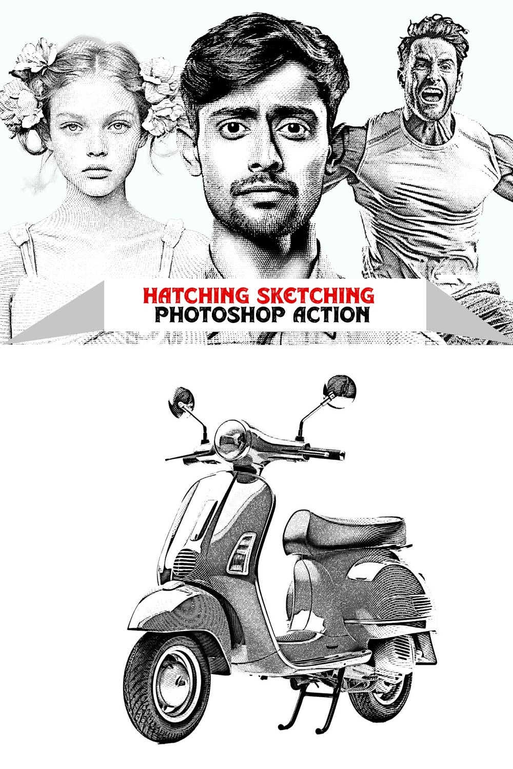 Hatching Sketching Photoshop Action pinterest preview image.