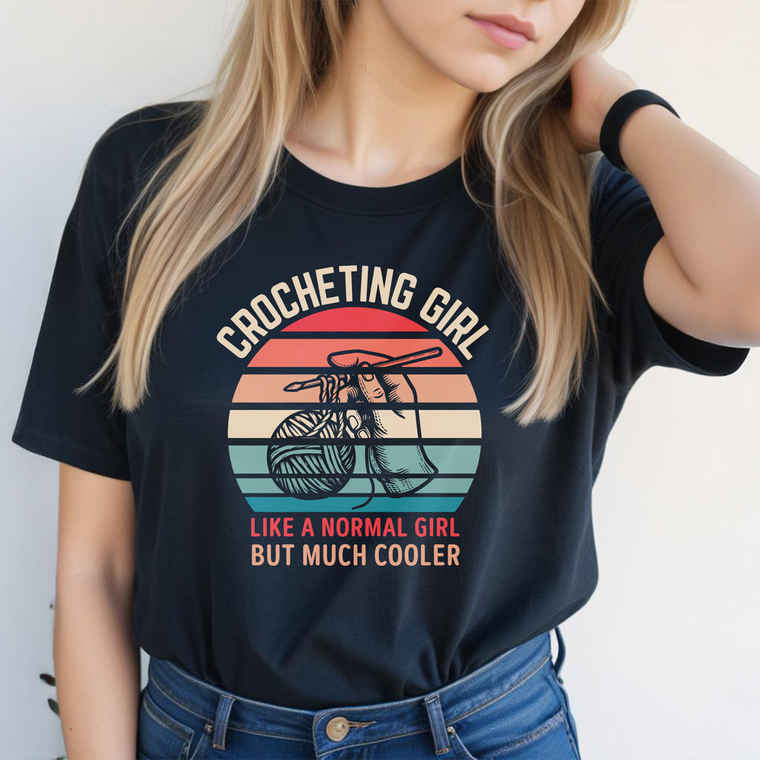 crochering girl like a normal girl black female tshirt front mockup 329