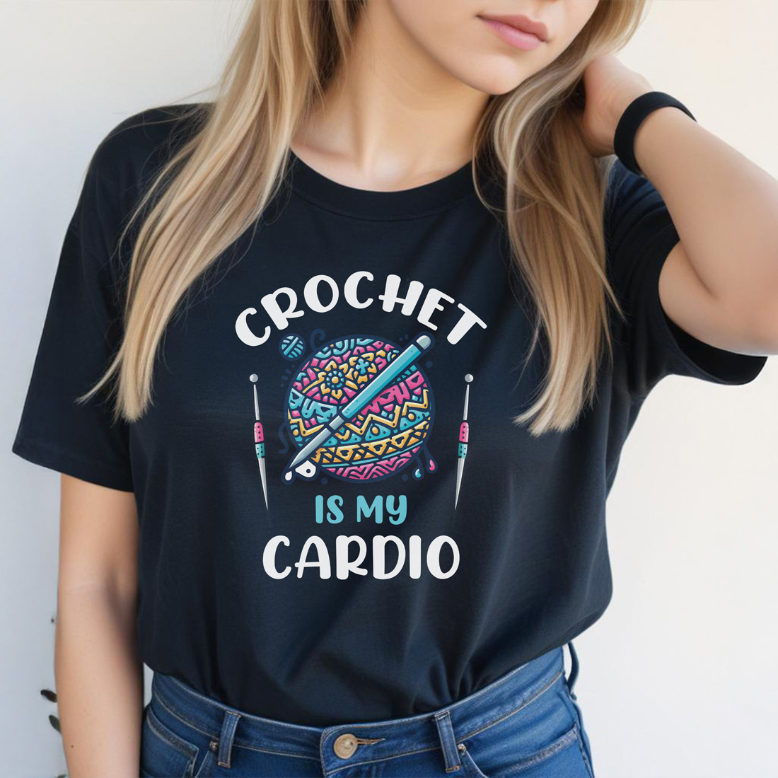 crochet is my cardio graphic design black female tshirt front mockup 145